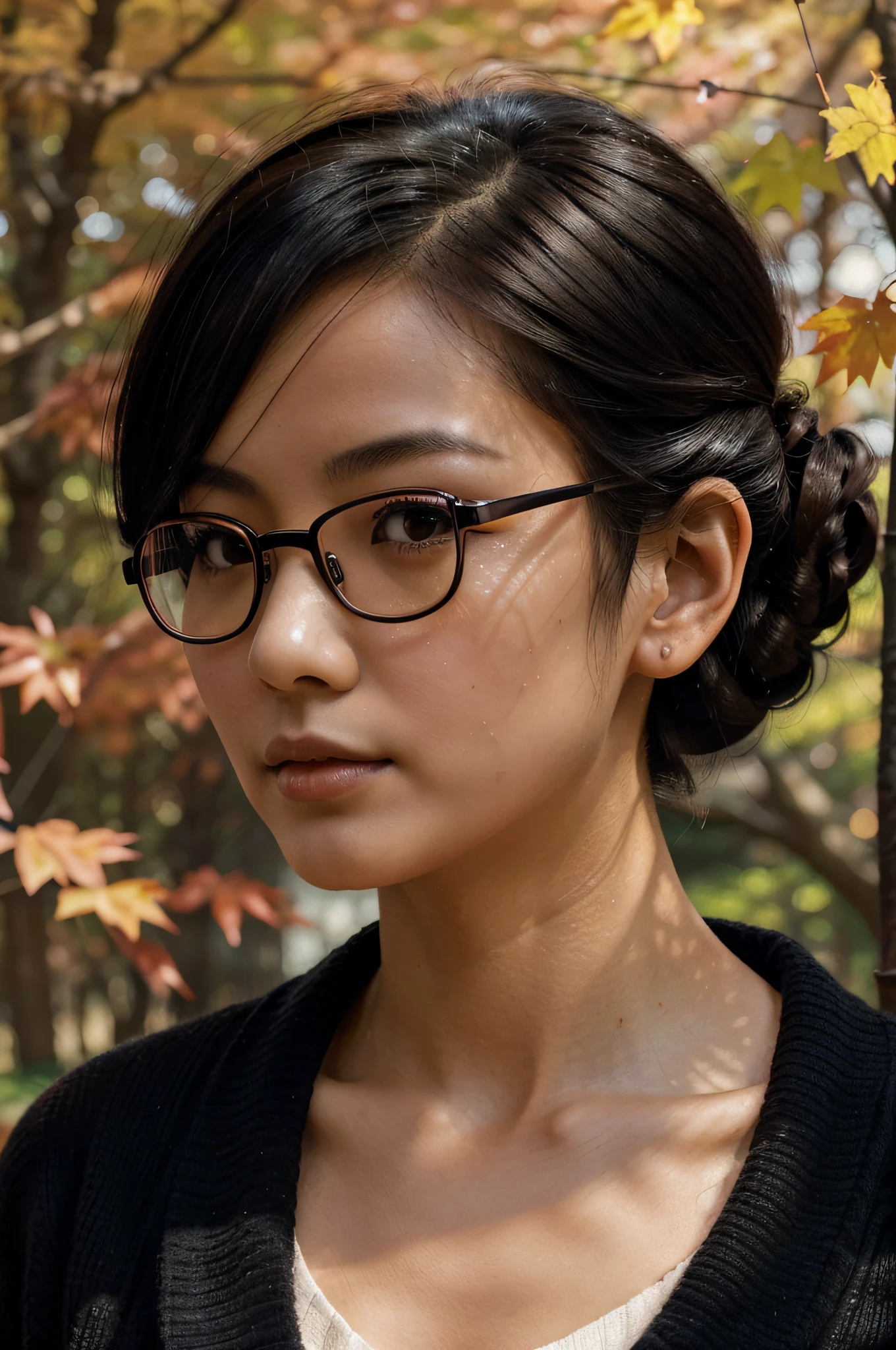 masterpiece, japanese woman looking up, ((short black hair in a messy updo)), blush, perfect illumination, autumn, fall season, bright red trees, red maple leaves, late afternoon, forest, extremely detailed face, bangs, bright skin, portrait, cardigan, colorful, rimless glasses, depth of field, boulders, reddish, traditional japanese house