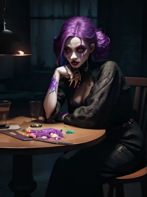 Photorealistic:1.4, araffe woman with purple hair and makeup holding a knife, creepy clown girl, goth clown girl, scary color art in 4 k, scary look, eerie art style, artwork in the style of guweiz, cyberpunk horror style, horror fantasy art, clown girl, c...