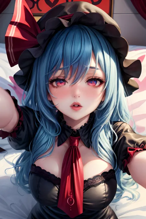 ​masterpiece、top-quality、1girl in、(I'm wearing a mob hat)、Medium hair with blue hair、Red Eyes(Heart shaped pupils) 、red blush、the bow、ascot、wingspan、Bedroom background、Colossal tits、A slender、remilia scarlet、fullnude、Face during estrus、Beautiful breasts