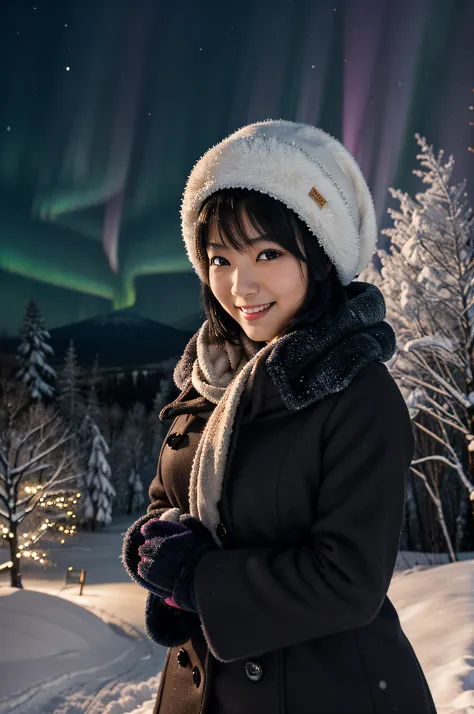 masterpiece, japanese woman, bonnet, mittens, short black hair, blush, dark illumination, snow, winter, from below, trees, night...