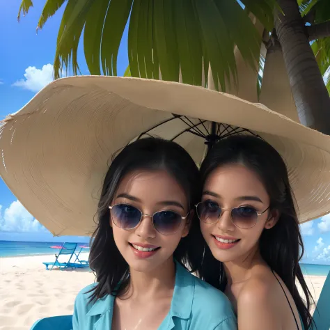 (best quality,highres),(realistic:1.37),HDR,UHD,studio lighting,extremely detailed eyes,beautiful detailed lips,longeyelashes,1girl,portrait,beautiful sandy beach background,blue ocean waves,coconut trees,tropical atmosphere,colorful swimsuits,smiling face...