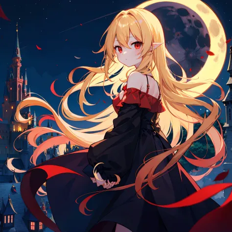 wavy blonde、red eyes、one beautiful vampire girl、black clothe、off shoulders、a moon、natta、western castles