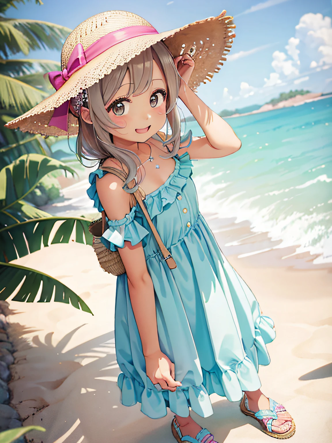 Detailed background、top-quality、the beach、20 generations of beauties 3 people、Cute hairstyle、huge-breasted、Smiling、Feminine and cool one-piece style、Choose a flared skirt or maxi dress、Choose cool materials、Pair your feet with sandals or espadrilles、Add a resort feel with a straw hat or tote bag.、Bright colors and patterns、By incorporating ruffles and lace details、Creates a feminine glamour
