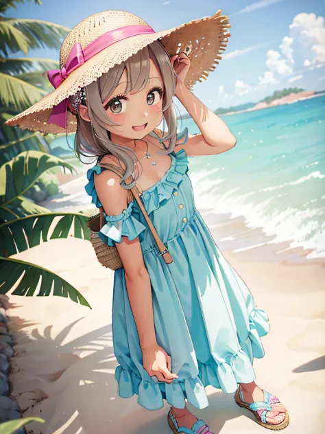 Detailed background、top-quality、the beach、20 generations of beauties 3 people、Cute hairstyle、huge-breasted、Smiling、Feminine and ...