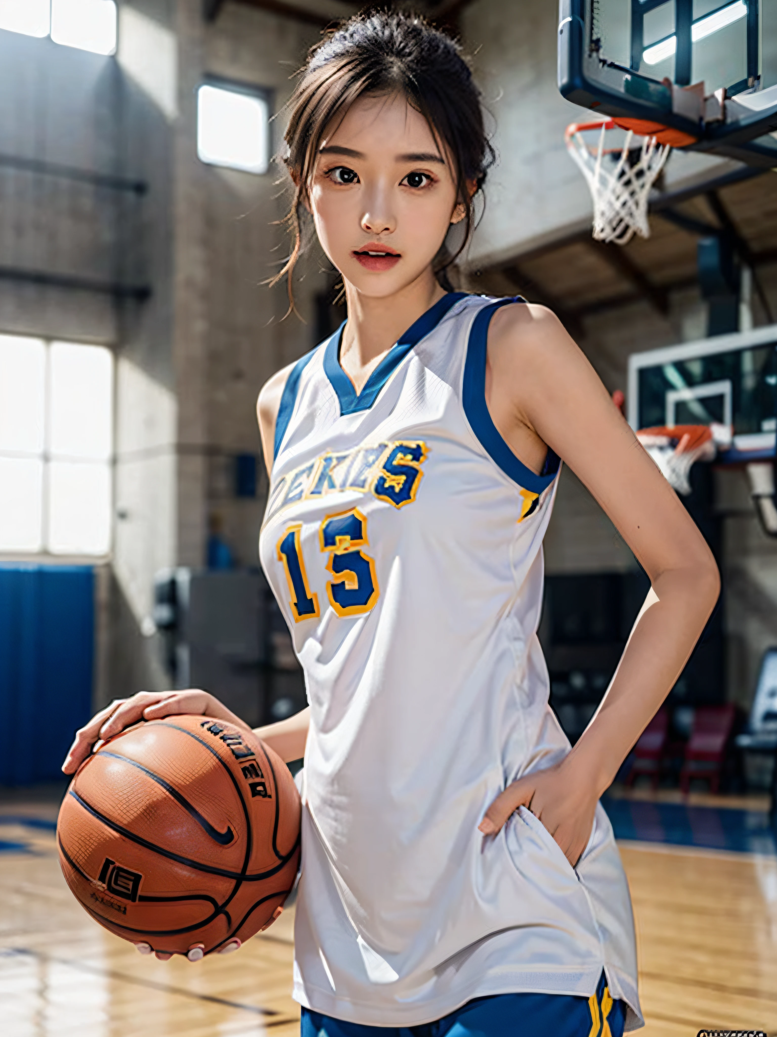 （ best qualtiy， tmasterpiece：1.2），A high resolution，8K,1girll，Delicate face，real looking skin，Dynamic light and shadow,Sharp focus,depth of fields,The eyes are delicate,pupil realistic, Playful expression， wear basketball uniform，（perfect bodies），（Big breasted 1.1），basketball playground，realisticlying, ultra - detailed, (shiny skins, perspired:1.4), looking at viewert,