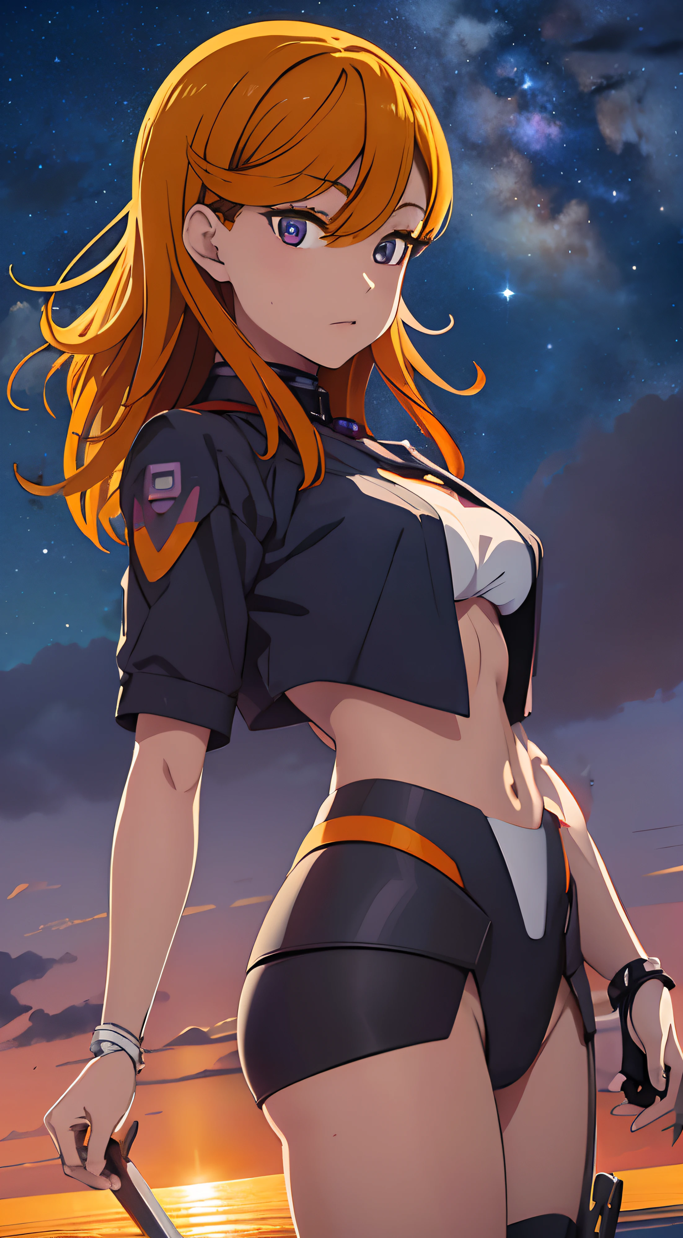 Masterpiece, top quality, 1 anime girl, Beautiful view , orange hair, purple eyes , on the Beach , Beautiful sky view as background , super detail, 4k wallpaper , mature woman ,black pupils, Beautiful night sky, Wearing Mecha armor ((Gundam)),full view, detail face,((Gundam))