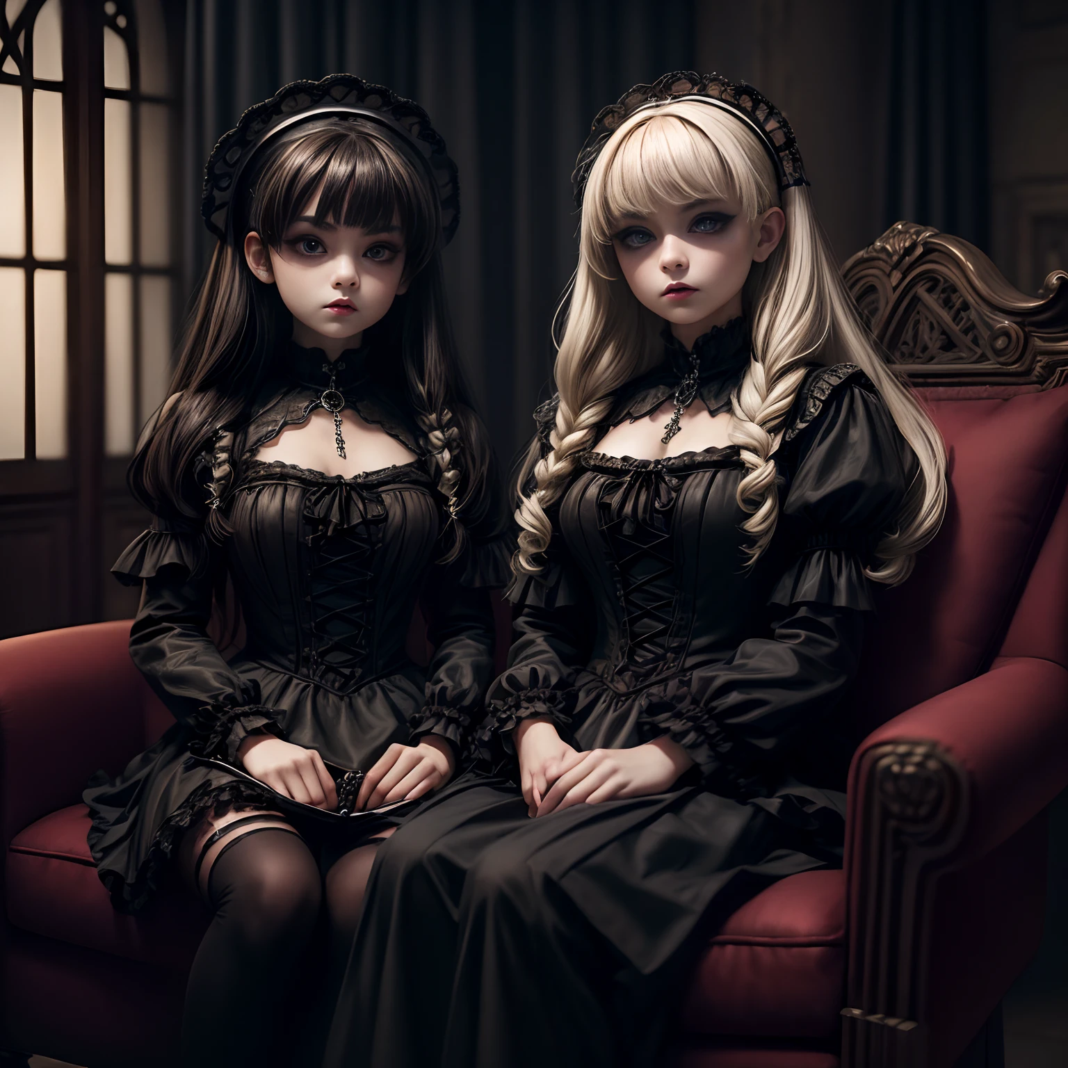 ((​masterpiece、top-quality)), (Photo realistic photography:1.4) , (2 gothic lolita:1.5), White Elegance, Highly detailed frills, (intricate details),2 different girls, English females, 16year old, Mystical Beautiful Girls, Very young faces, perfect anatomia, perfectly proportions, Very young figure, face perfect, Strong gothic makeup, Whitewashed face, Purple Lipstick, Purple eye shadow, (Heavy makeup:1.4), Pathological beauty, Bright on the face, Details of face, serious faces, blonde and black hair, Long straight hair, Parting aligned bangs, Hair that flutters in the wind, Gothic Lolita costumes, Black miniskirts bulging with panniers, Very short stature, Very small breasts, ((Two girls sitting close together on a lounge chair)), conceptual art, realism, godrays, Cinematographic lighting, canon, high details, hiquality, HD fine, 16K resolution, Full body portrait, knee up shot