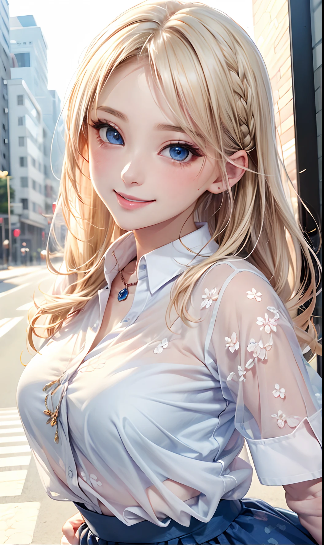 absurderes, ultra-detailliert,bright colour, extremely beautiful detailed anime face and eyes,top-quality、masutepiece、(1womanl:1.5),(独奏:1.6), Smooth straight blonde hair, Shiny hair, Delicate beautiful face, red blush,(Deep Blue Eyes:1.3 ) White skin, hair clips, a necklace,(Oversized Sheer Shirt:1.3),(Floral long skirt:1.3) (nightcity:1.3),Bustling street、(Nitanita Smile:1.5)、Poses