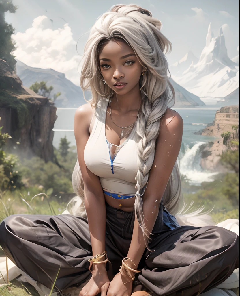 1girl, African girl(big boobs over size) 1:3,afro,silver hair,blue ayes,high res,hyper realistis, ultra detail