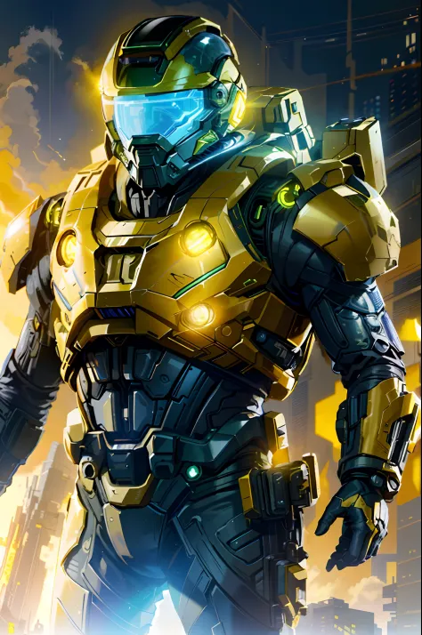Homem Alaferd em um terno futurista, Armadura Quake de Halo Infinite, Dress with yellow color science fiction armor, Technological helmet with black visor, Standing in a futuristic cyberpunk city apocalyptic oos, Rendered by octane reality rendering hype, ...