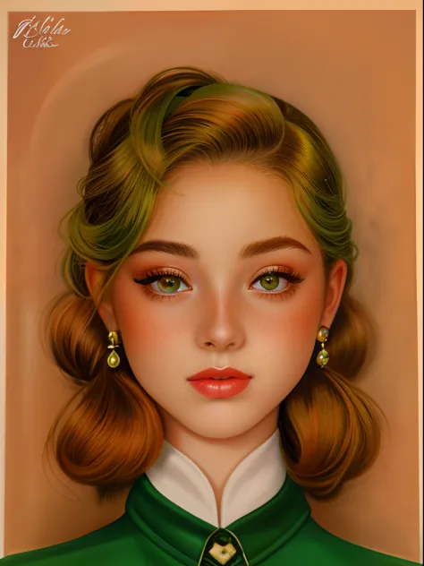 A drawing of a 21-year-old girl with a hairstyle from 1939, pelirroja, piel clara, ojos verdes, con pecas en el rostro, pecosa, ...