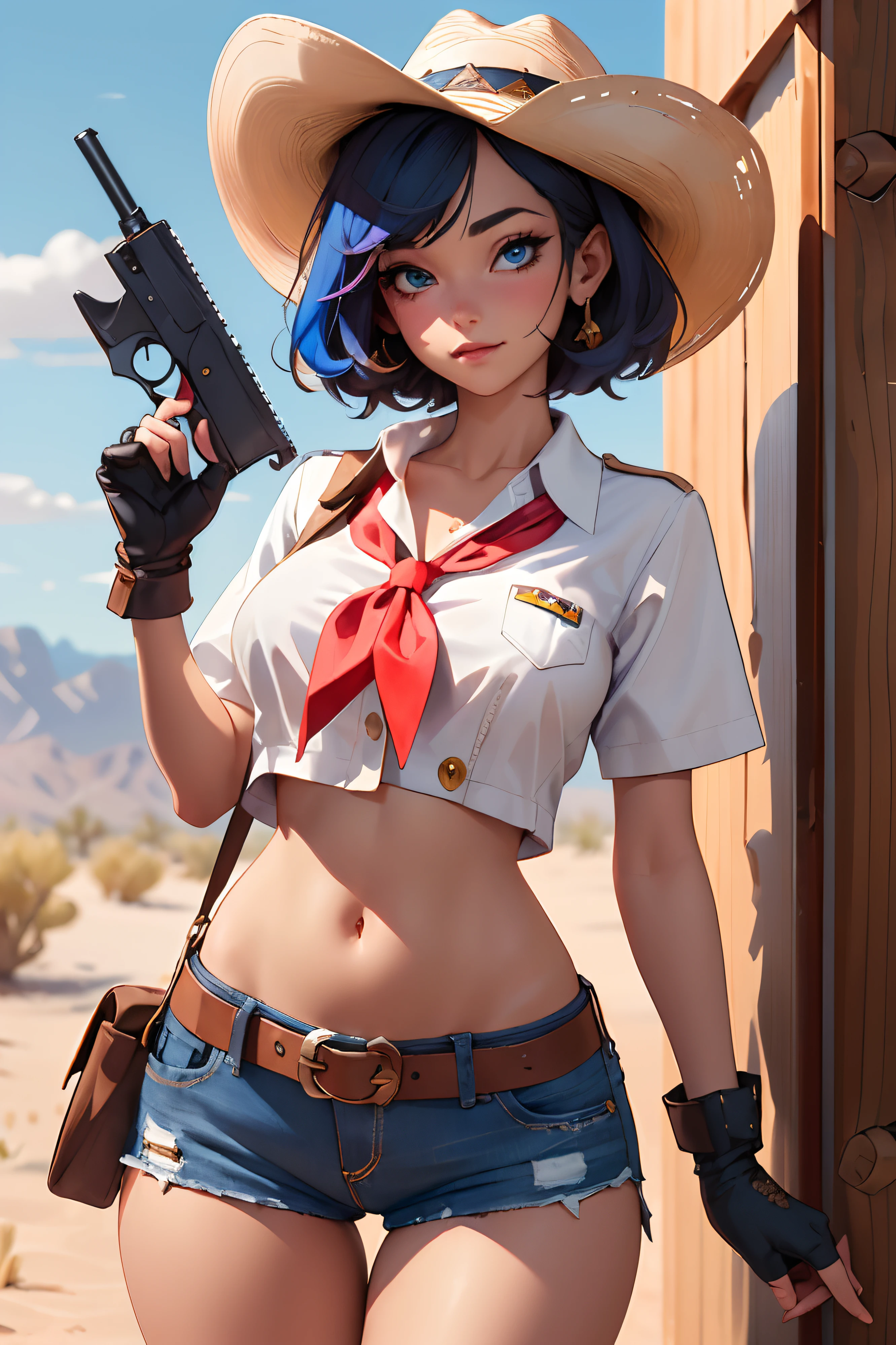 (((((solo))))),(((((masterpiece))))), (((((best quality))))),(((((highly detailed))))), finely detailed, Depth of field,detailed clothes, highres,
1girl, bangs, (beautiful detailed face:1.3), collarbone, collared shirt, ((white shirt)), button open to show cleavage, show belly, blue eyes, golden hair, cleavage, ((cowboy)), (cowboy hat:1.3), short gloves. fingerless gloves, hat, medium breasts, navel, neckerchief, red neckerchief, short hair, short shorts, shorts, healthy thighs, gun belt ,cowboy western, sunny desert background, thigh gap