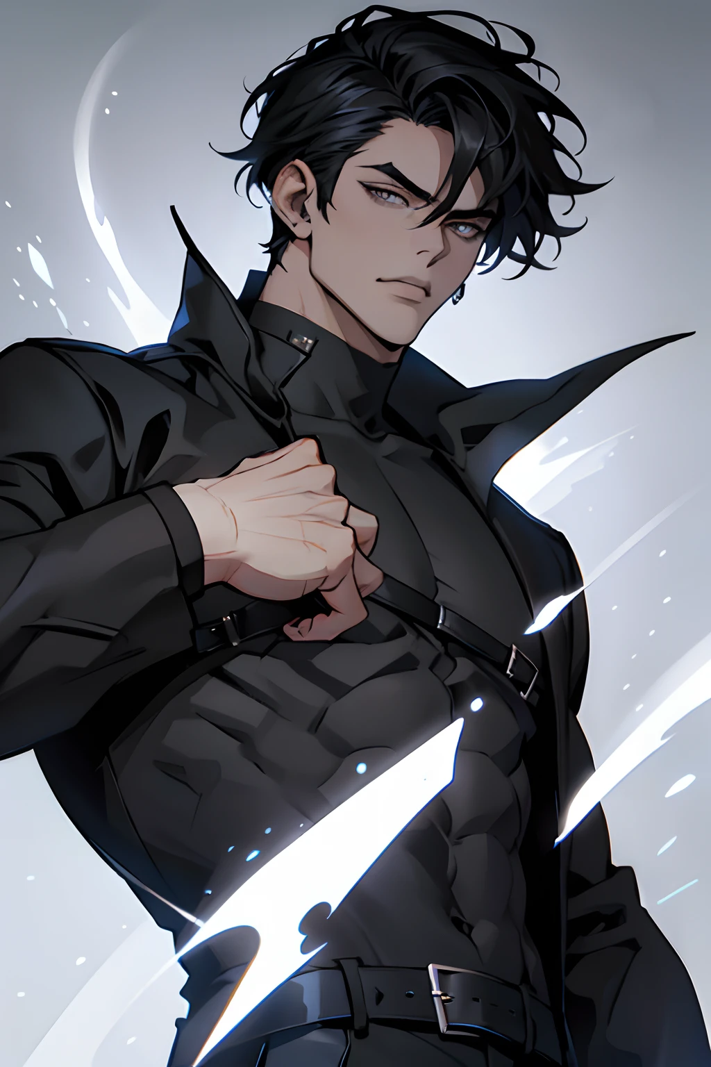 Manhwa Arte Europeo, 25 years old man, Messy headboard hair, Jet black hair, piercing eyes, gray iris, thick eyebrows, Wearing black coat with demonic skull logo, razor-sharp jawline, glare, Cold and mysterious character, 8k, Detailed features, very handsome