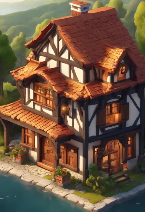 Small building close-up， Multi-dimensional comfortable building, Stylized game art, 3 d render stylized, Medieval Tavern, Stylized concept art, polycount contest winner, stylized 3d render, dimly-lit cozy tavern, isometric 2 d game art, isometric game art,...