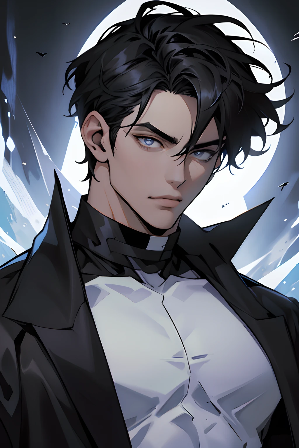 Manhwa Arte Europeo, 25 years old man, Messy headboard hair, Jet black hair, piercing eyes, gray iris, thick eyebrows, Wearing black coat with demonic skull logo, razor-sharp jawline, glare, Cold and mysterious character, 8k, Detailed features, very handsome