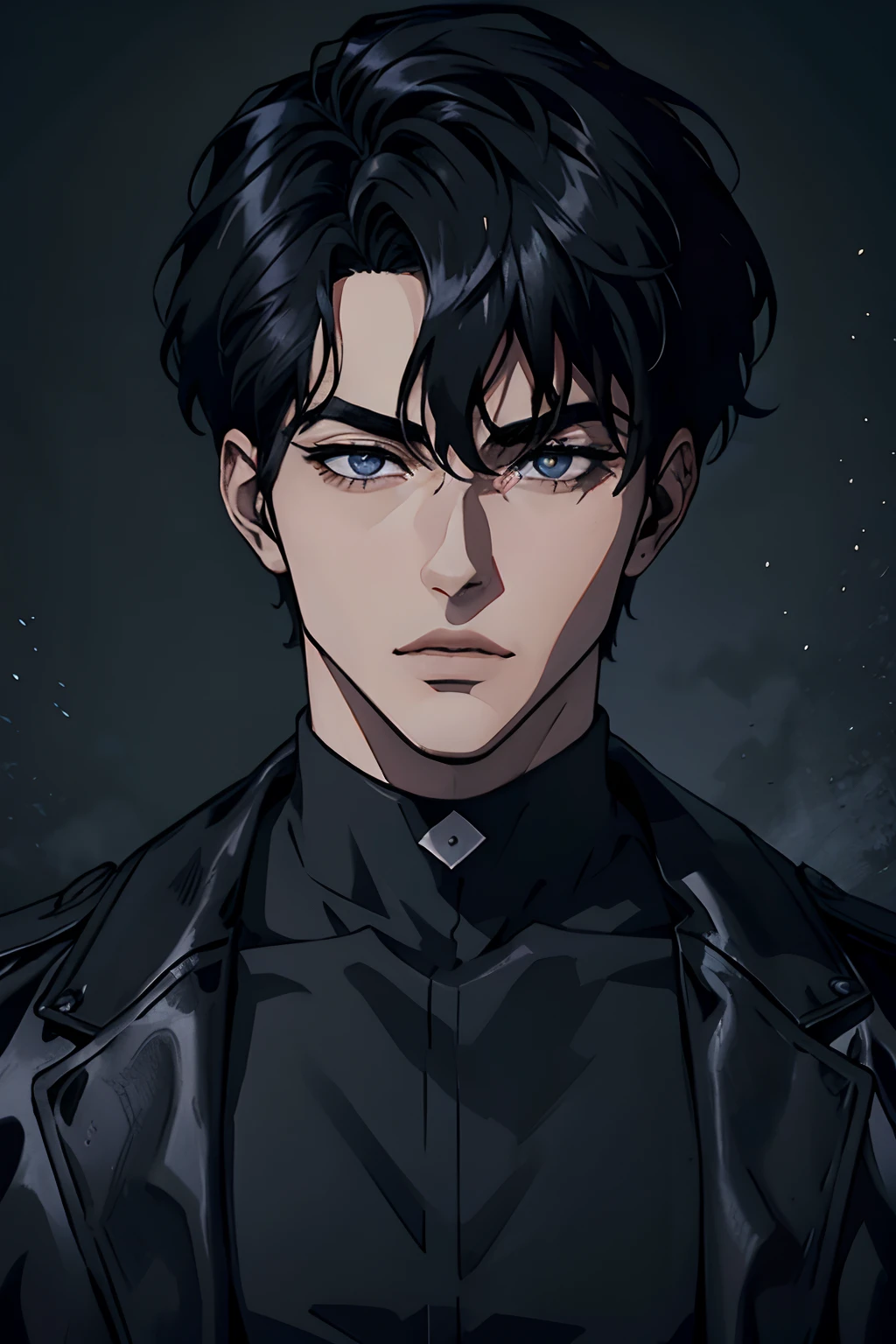 Manhwa Arte Europeo, 25 years old man, Pelo desordenado de la cabecera, Cabello negro azabache, ojos penetrantes, Iris gris, cejas gruesas, Llevar abrigo negro con el logotipo de calavera demoniaca, razor-sharp jawline, mirada penetrante, Cold and mysterious character, 8k, Detailed features, muy guapo