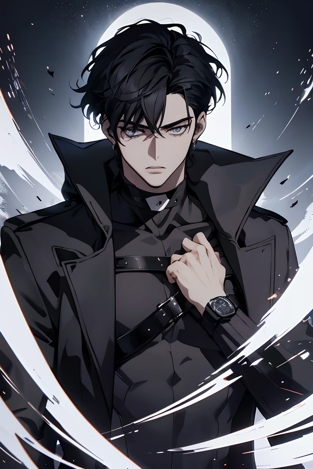 Manhwa Arte Europeo, 25 years old man, Messy headboard hair, Jet black hair, piercing eyes, gray iris, thick eyebrows, Wearing black coat with demonic skull logo, razor-sharp jawline, glare, Cold and mysterious character, 8k, Detailed features, very handsome