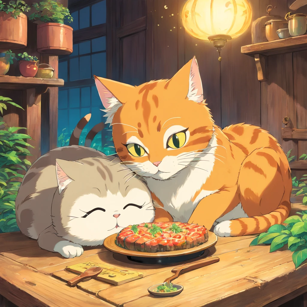 Anime cat eating pizza with another cat sitting on a table - SeaArt AI