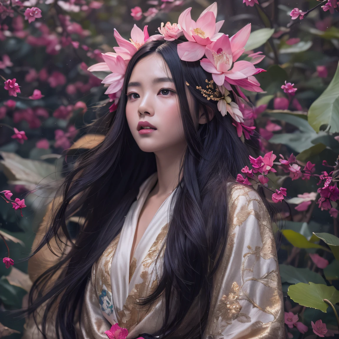 32K（tmasterpiece，k hd，hyper HD，32K）Long flowing black hair，ponds，zydink， a color，  Patriots （Silly girl）， （Silk scarf）， Combat posture， looking at the ground， long whitr hair， Floating hair， Carp pattern headdress， Chinese long-sleeved clothing， （Abstract gouache splash：1.2）， Pink petal background，Pink and white lotus flowers fly（realisticlying：1.4），Black color hair，Fallen leaves flutter，The background is pure， A high resolution， the detail， RAW photogr， Sharp Re， Nikon D850 Film Stock Photo by Jefferies Lee 4 Kodak Portra 400 Camera F1.6 shots, Rich colors, ultra-realistic vivid textures, Dramatic lighting, Unreal Engine Art Station Trend, cinestir 800，Long flowing black hair
