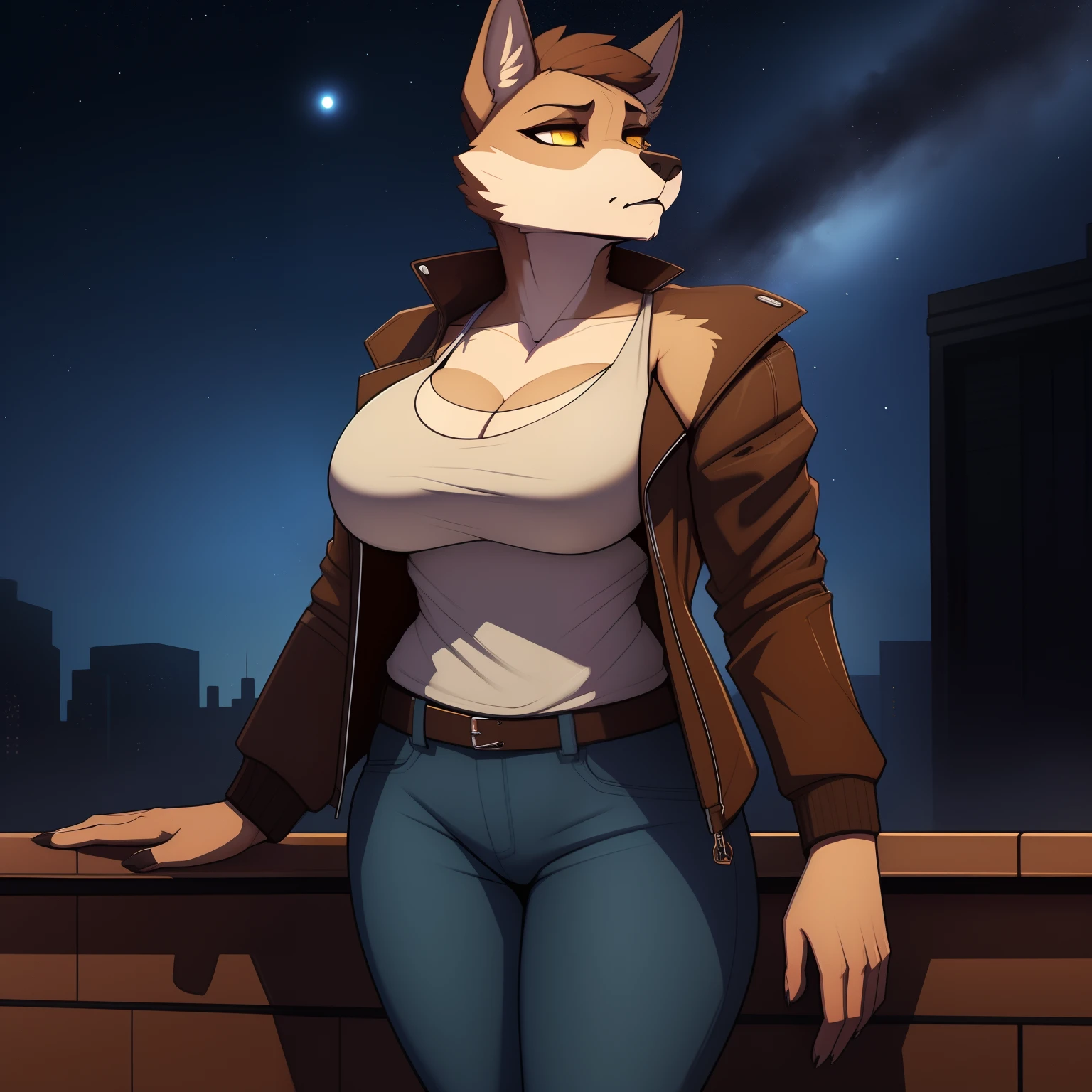 Tall_lanky_mature_wolf full_breasts female brown_two-toned_furry_body yellow_eyes jacket tank_top disheveled exhausted jeans misty_breath starry_sky solo Masterpiece best_quality absurdres highly_detailed cleanly_drawn_eyes anthro_only by_claweddrip, by_greasymojo, by_underscore-b, by_runawaystride