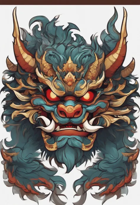 Sticker illustration on white background, Goblin face painting in the shape of a dragon, Qiu Tianwang, Painting in the oriental style, Tengu Mask, Demon Samurai Mask, Asura in Chinese mythology, Bold contour style, Jagged edges, Front Painting, recycle bin...