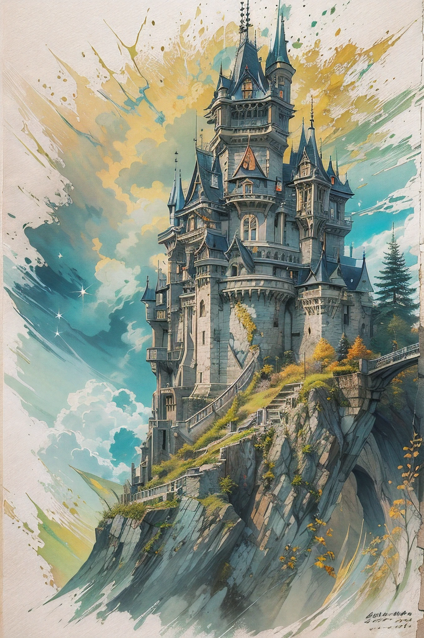 A Western castle with a towering tower. It is a majestic building built on a cliff that looks as if it might collapse at any moment. The castle is illuminated by aurora borealis light from the sky, shining in a variety of interwoven colors.Artist uses blotting ink、Blurred the boundaries of the picture, Combination with delicate brushwork、Expressing the details of the picture. It's incredibly beautiful. Beautifully expresses the shades of black ink.