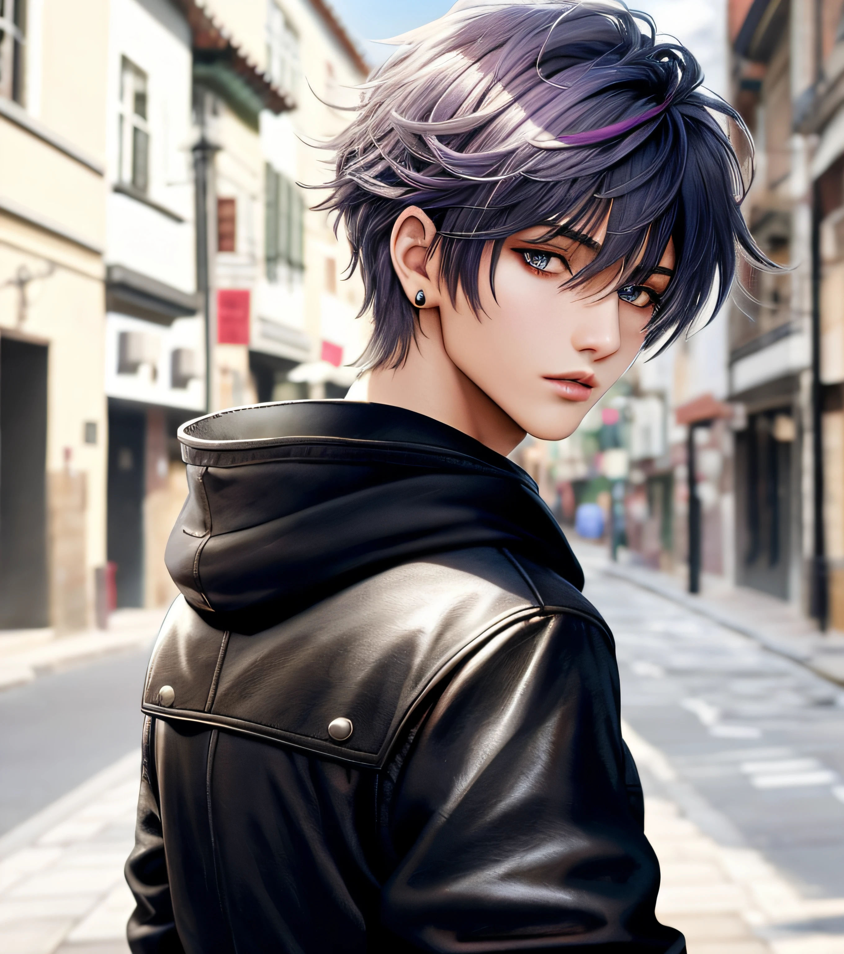 England neighborhood, Professional pictures, shot from the back, Photographed so that the entire body can be seen, shot from the back, En Fed Man with Necklace, inspired by Sim Sa-jeong, androgynous vampire, :9 detailed face: 8, Extra detailed face, Detailed punk hair, ((gray)) baggy eyes, seductive. Highly detailed, semi realistic anime, Vampires, hyperrealistic teenager, delicate androgynous prince, SHEEP, bright purple hair, purple eyes, Black Cool Korean Fashion, Hide both eyes with bangs, I can&#39;t see both eyes with bangs, long bangs, short hair above the ears, Dazzling expression, wild appearance, Looking distantly, High level image quality, Masterpiece, ((1 male human))