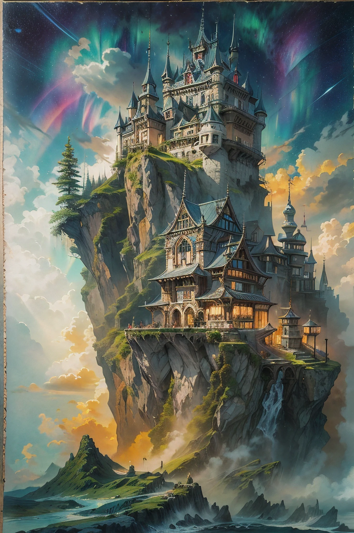 A Western castle with a towering tower. It is a majestic building built on a cliff that looks as if it might collapse at any moment. The castle is illuminated by aurora borealis light from the sky, shining in a variety of interwoven colors.Artist uses blotting ink、Blurred the boundaries of the picture, Combination with delicate brushwork、Expressing the details of the picture. It's incredibly beautiful. Beautifully expresses the shades of black ink.