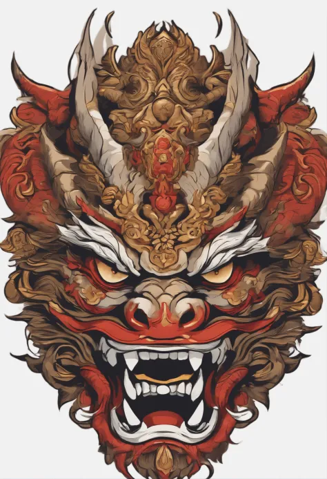 Sticker illustration on white background, dragon face, Goblin face, Qiu Tianwang face, Painting in the oriental style, Tengu Mask, Demon Samurai Mask, Asura in Chinese mythology, Bold contour style, Jagged edges, Front Painting, recycle bin,Simple illustra...