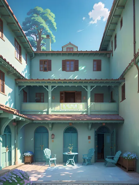 painting of a courtyard with a table and chairs and a bench, anime background art, relaxing concept art, anime scenery concept a...