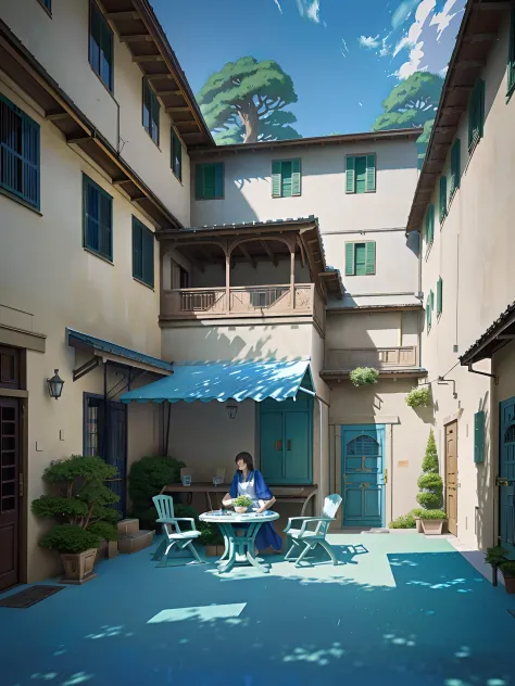 painting of a courtyard with a table and chairs and a bench, anime background art, relaxing concept art, anime scenery concept a...