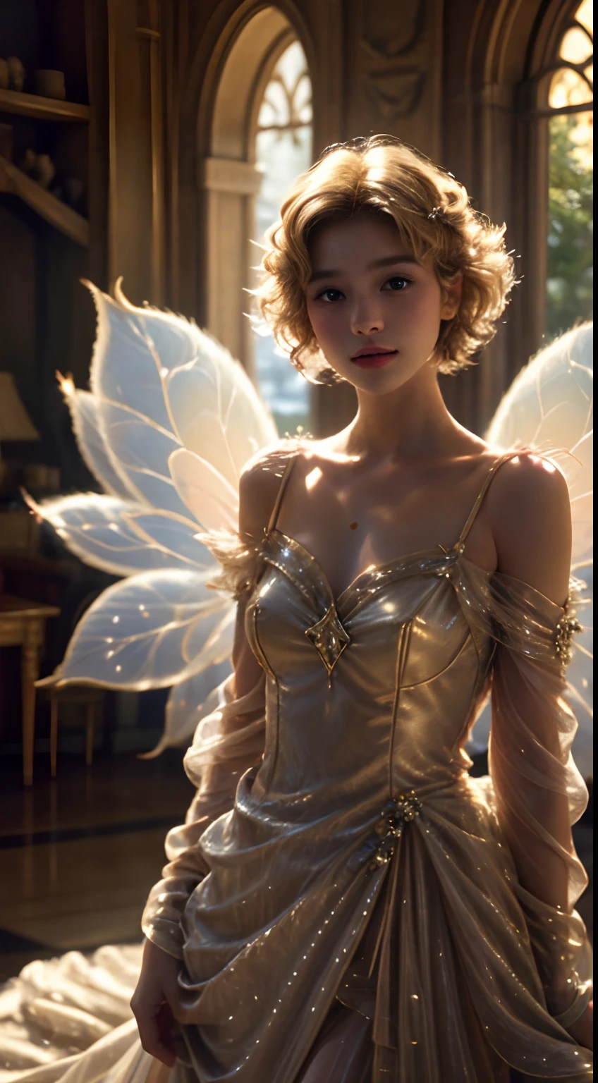 (masterpiece, best quality, high resolution: 1.4), 1girl, fairy wings dress, curly blonde short hair, HD, photography, film, cinematic, full body, realistic, (8k, RAW photo, best quality, masterpiece: 1.2), (realistic, photo-realistic: 1.33), best quality, detailed eyes, beautiful, natural lighting, depth of field, film grain, wrinkled skin, sharp, k