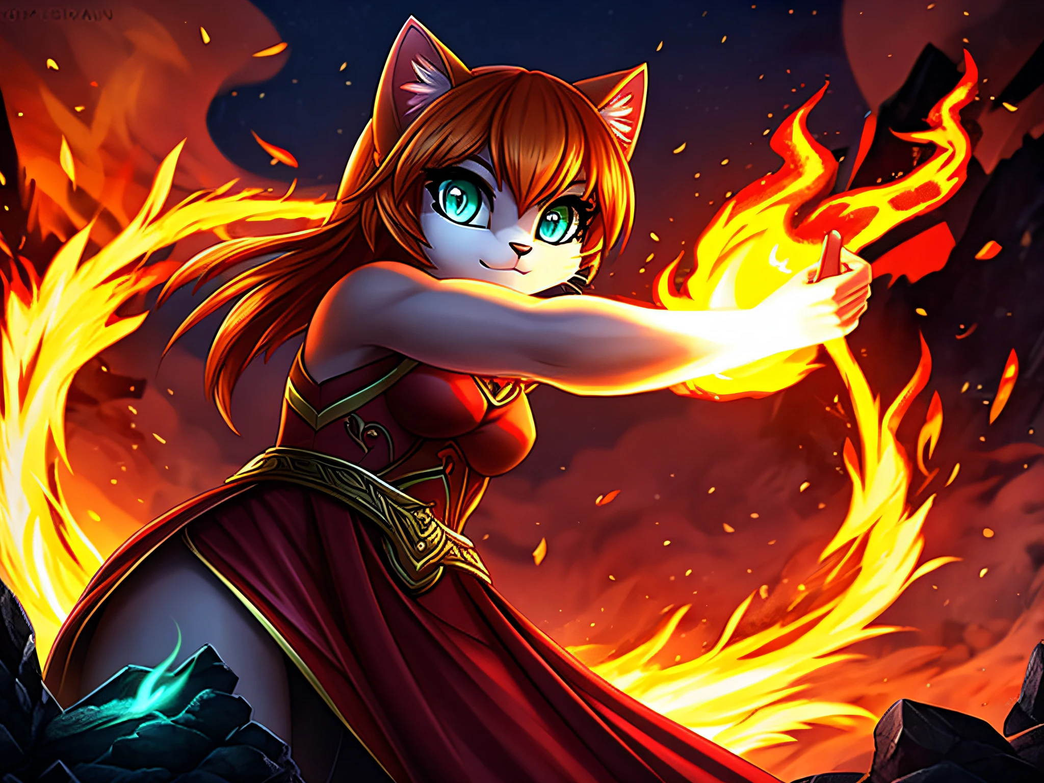 high quality digital illustration, portrait, perfect portrait, cinematic composition, furry fantasy style art, a pretty and heroic young anthropomorphic female cat, fluffy, orange fur, orange hair, orange color, orange face, long eyelashes, big eyelashes, pretty eyes, teal eyes, faintly glowing teal eyes, protagonist, a female orange haired and teal-eyed cat warrior, red warrior dress, looking heroic, slight smile, determined look, fire, swirling fire, fire in the air, dramatic lighting, 4k, stunning visuals