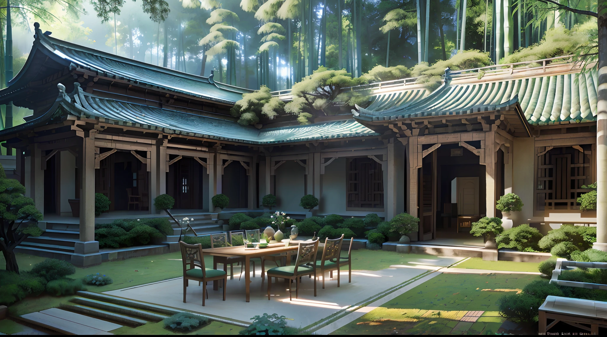 Courtyard painting with table, chairs and benches，Realistis，realisticlying，Relaxing concept art，pines，bamboo forrest，immensely detailed scene，Beautiful artwork，Detailed landscapes ，highly detailed scenario，