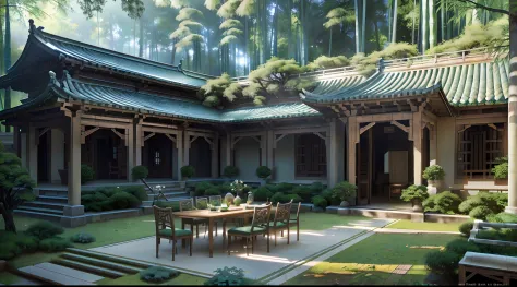 Courtyard painting with table, chairs and benches，Realistis，realisticlying，Relaxing concept art，pines，bamboo forrest，immensely d...