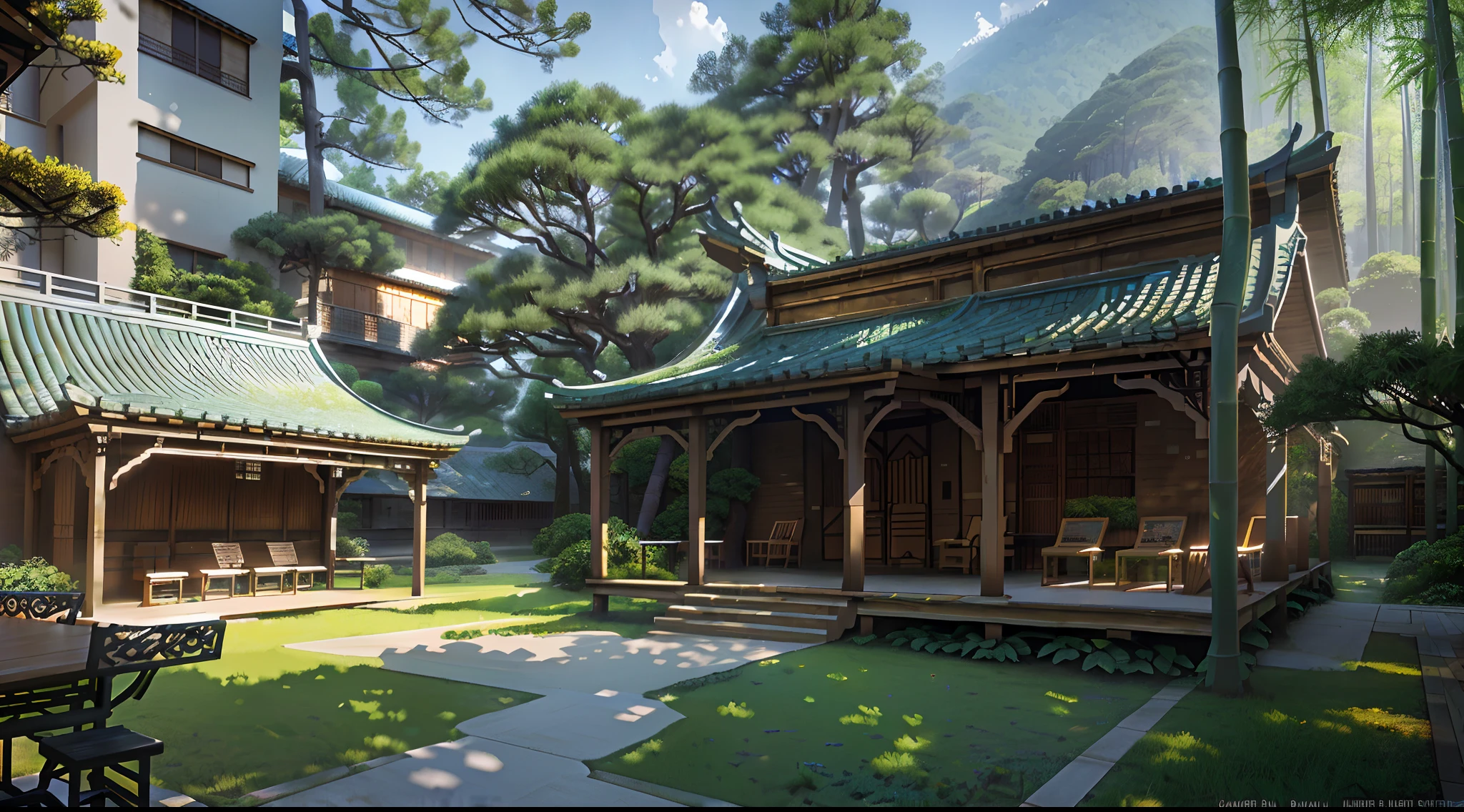 Courtyard painting with table, chairs and benches，Realistis，realisticlying，Relaxing concept art，pines，bamboo forrest，immensely detailed scene，Beautiful artwork，Detailed landscapes ，highly detailed scenario，