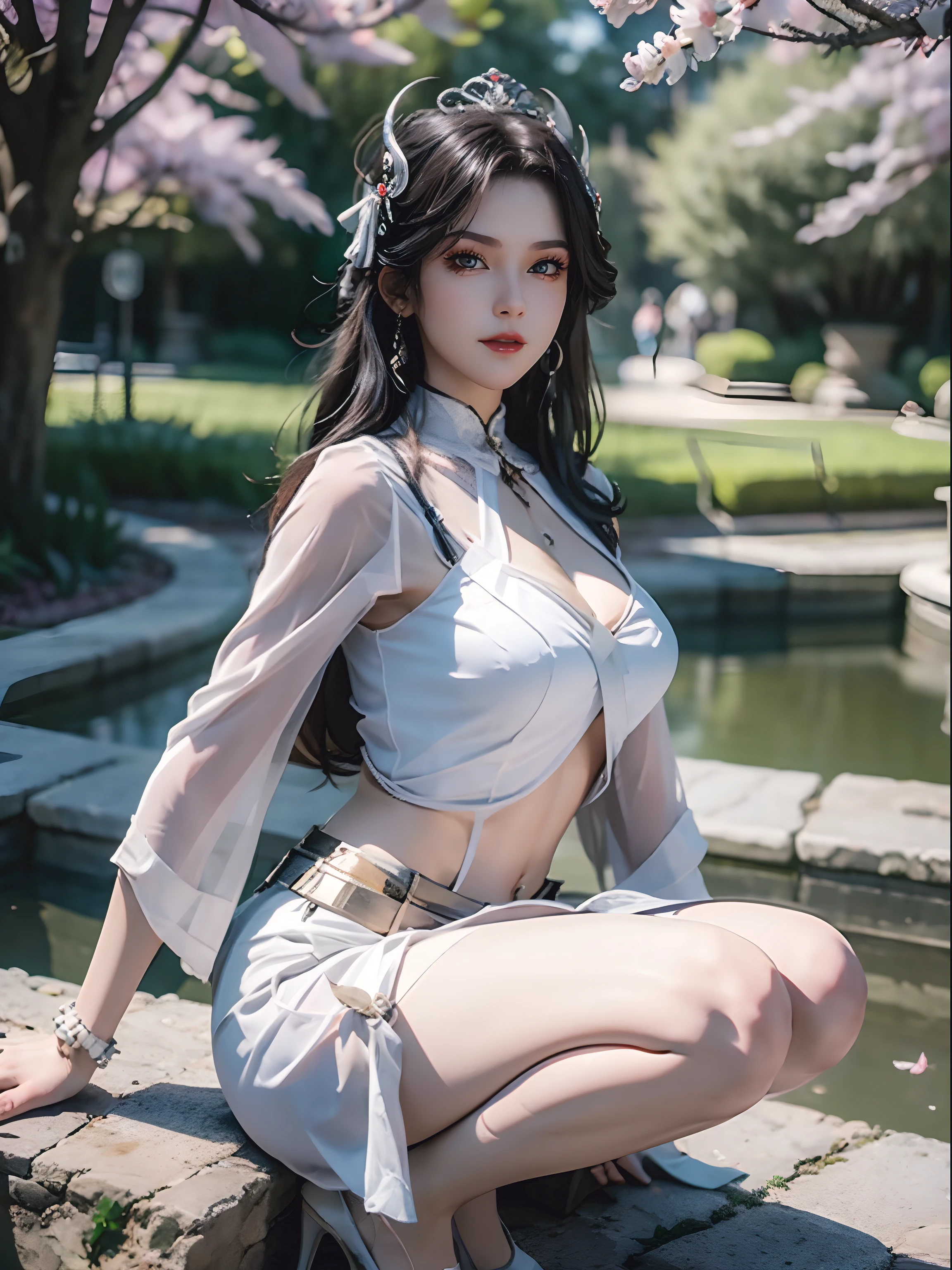 1 girl，wearing white skirt，cabelos preto e longos，（Gemstone tiara：1.3），（（high-heels：1.9）），White chest wrap，white lace chemise，（Squat），（In the city），（In front of the peach blossom tree），（Frontal photo：1.3），（Masterpiece，rich details​，Cinematic texture，8K quality，Beautiful and moving，best qualityer：1.2）