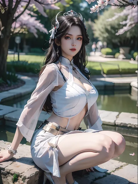 1 girl，wearing white skirt，cabelos preto e longos，（Gemstone tiara：1.3），（（high-heels：1.9）），White chest wrap，white lace chemise，（Squat），（In the city），（In front of the peach blossom tree），（Frontal photo：1.3），（Masterpiece，rich details​，Cinematic texture，8K qua...
