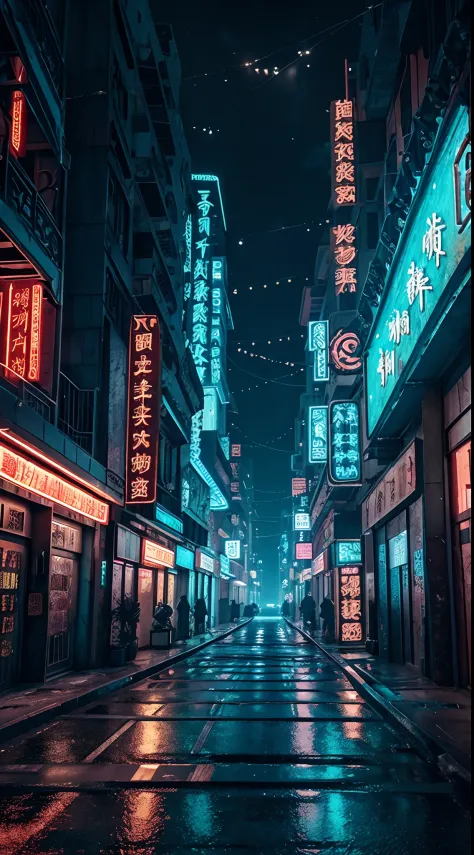 Cyberpunk City in a sci-fi movie, empty street, Night, Chinoiserie building, Old store, irregular, circuit boards, wires, Convol...