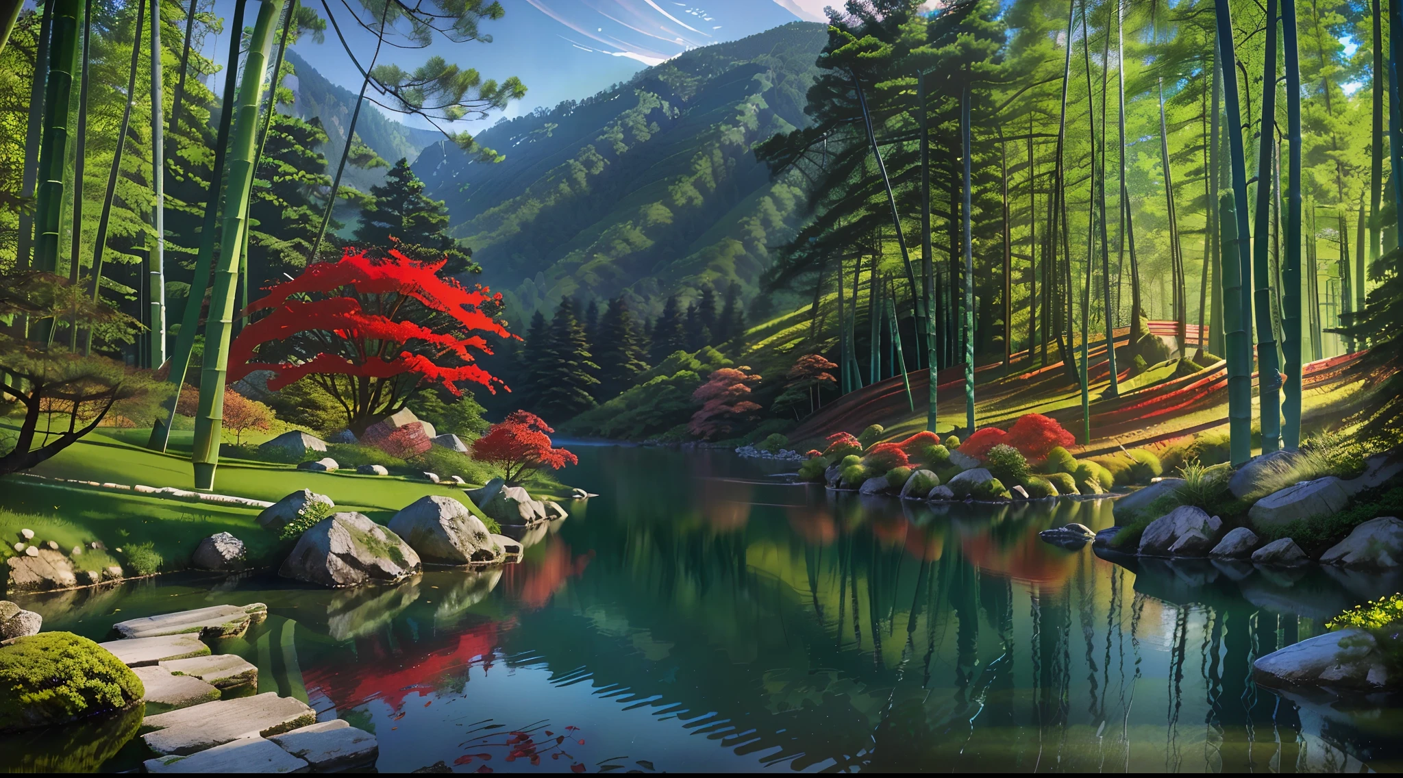 parks，Flowers，Red maple，Green pond，Realistis，realisticlying，Relaxing concept art，pines，bamboo forrest，immensely detailed scene，Beautiful artwork，Detailed landscapes ，highly detailed scenario，