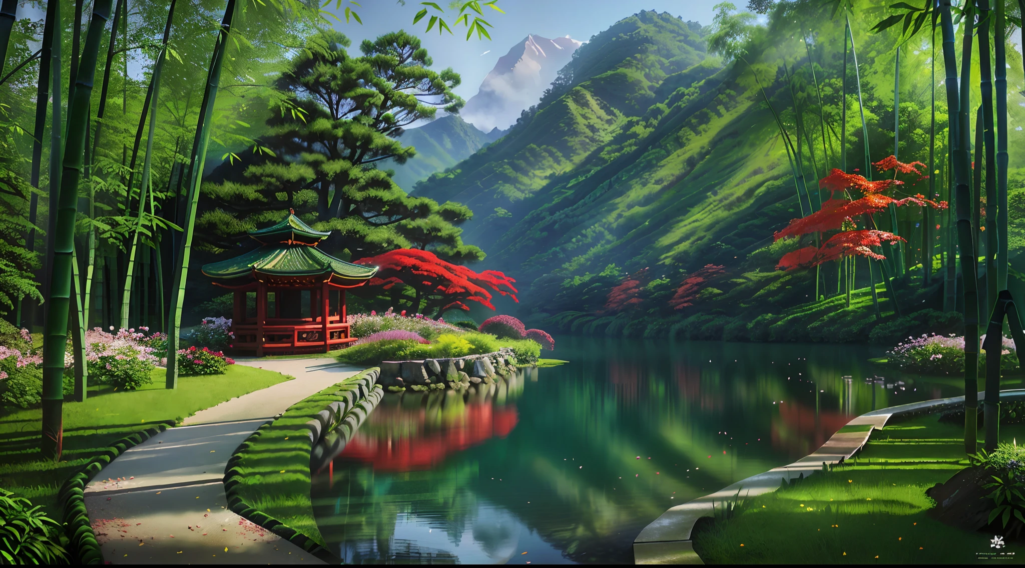 parks，Flowers，Red Maple，Green pond，Realistis，realisticlying，Relaxing concept art，bamboo forrest，immensely detailed scene，Beautiful artwork，Detailed landscapes ，highly detailed scenario，