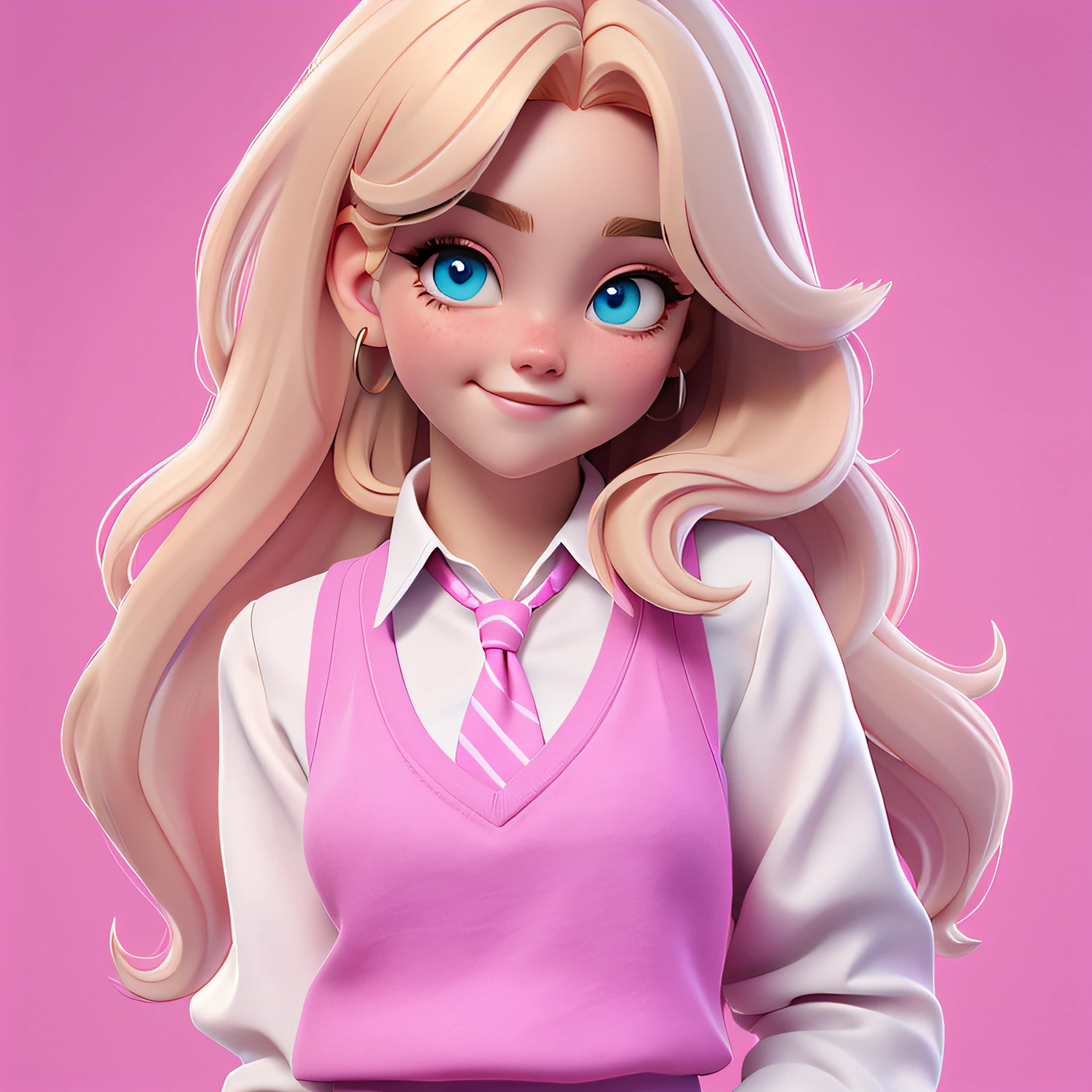 A girl loli, Long yellow hair，Blue eyes，lacing, Hair cream, Medium hair, rim, white  shirt，sweater vest，pink necktie，Preppy style,Hot， A half body,With hairpins ,The mouth is slightly open，ssmile， Without glasses. The background is filled with soft pink tones，Evokes feelings of lightness and well-being，tidal current，Holding a pencil in his hand