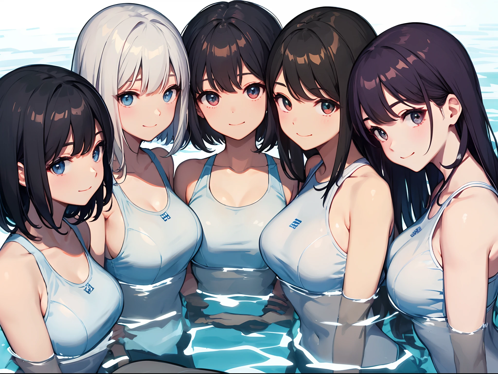 ​masterpiece、top-quality、detaile、hight resolution、extremely delicate and beautiful、Short bob with black hair、simple background、upper body closeup、beutiful breast、Swimming Club、Smile、multiple female、5 women、4 females、3 women、