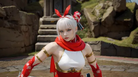 a beautiful woman with silver hair and light blue silver eyes in a red outfit holding a katana sword, fighting game character, a...