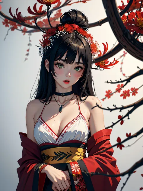 (top-quality、hight resolution、8k、​masterpiece:1.2)。Curvaceous but slender、Muchimuchi Body、The whole area is filled with Red Spider Lily、Red spider lily in bloom、Grinning woman sits in the middle of a red spider lily in full bloom。With a mysterious look、Kim...