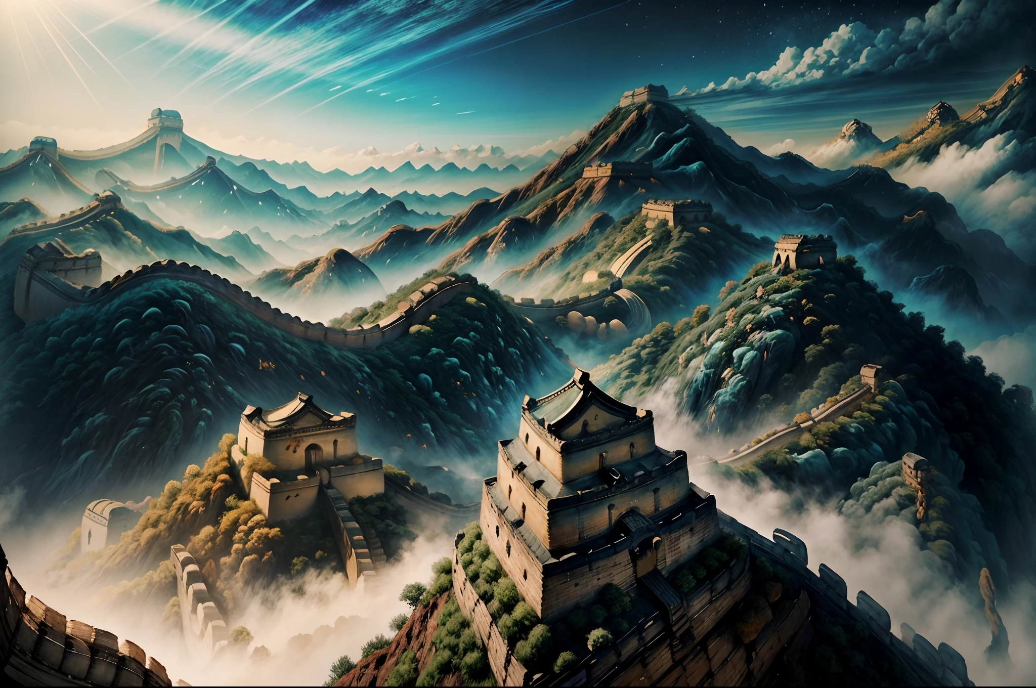 ภาพวาดจีน， ภูมิหลังของจีนสมัยใหม่， (กำแพงเมืองจีน:1.4)，เทือกเขา， เมฆมงคล， ศาลา， รังสีของแสงแดด， ใช้โทนสีประสาทหลอน，ผลงานชิ้นเอก， รายละเอียดสุดยอด， องค์ประกอบที่ยิ่งใหญ่， ไฮเปอร์เอชดี， คุณภาพสูง， รายละเอียดอย่างยิ่ง， ศิลปะอย่างเป็นทางการ， วอลล์เปเปอร์ความสามัคคี 8k， รายละเอียดสุดยอด