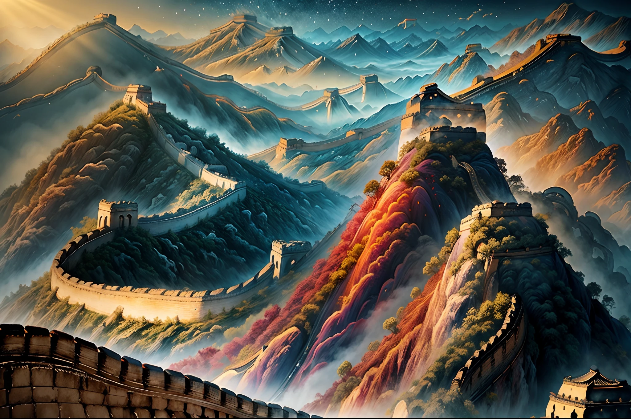 Chinese painting， Modern Chinese background， (Great wall:1.4)，mountain ranges， Auspicious clouds， Pavilions， rays of sunshine， Adopt a psychedelic color scheme，tmasterpiece， super detailing， Epic composition， hyper HD， high qulity， extremely detaile， offcial art， Unity 8k wallpaper， super detailing