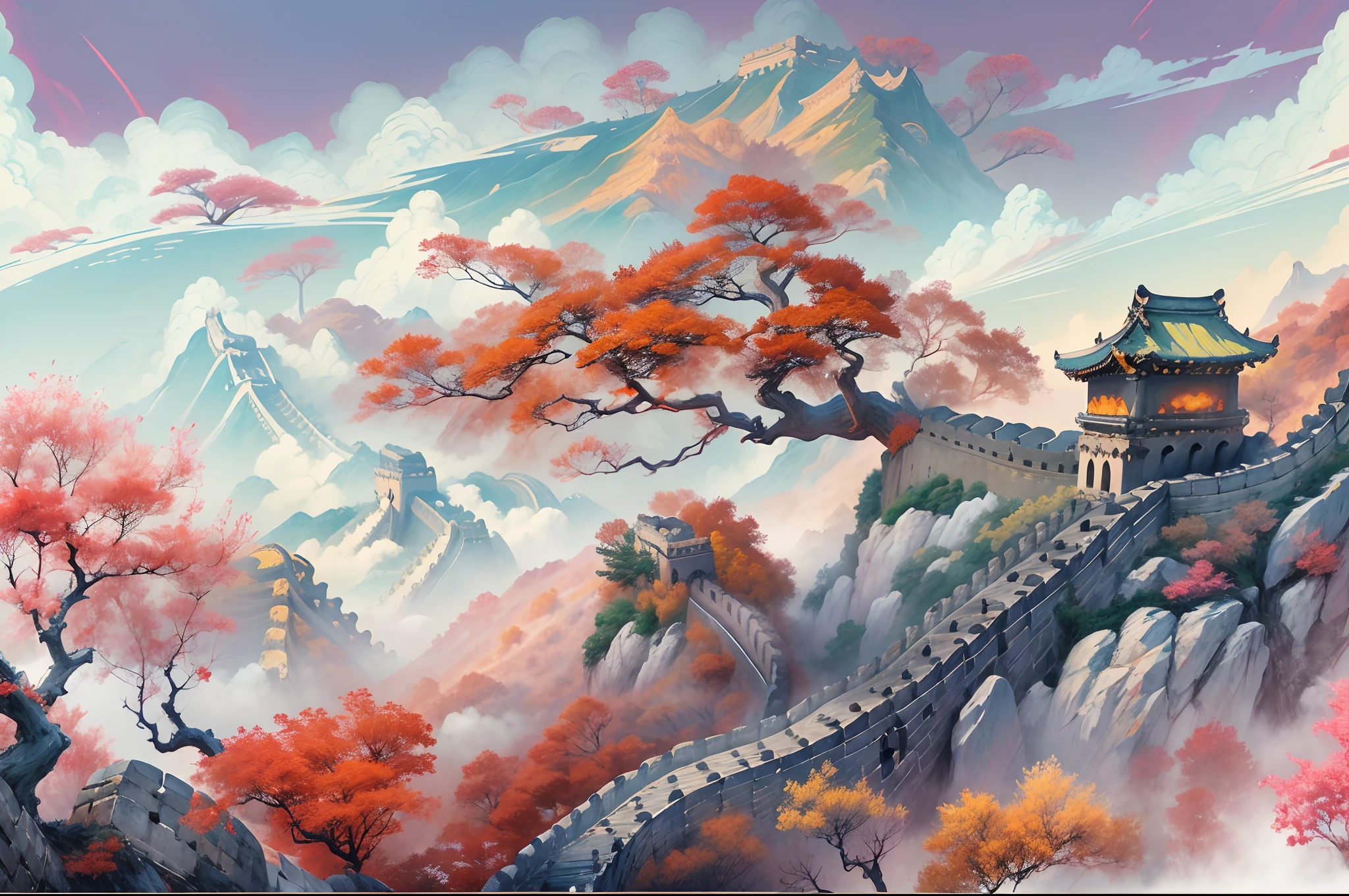 Chinese painting， Modern Chinese background， (Great wall:1.4)，mountain ranges， Auspicious clouds， Pavilions， rays of sunshine， Adopt a psychedelic color scheme，hyper detailed illustration，Light red and sky blue，Imaginary landscape，psychedelic manga，Landscapes and ultra HD images，tmasterpiece， super detailing， Epic composition， hyper HD， high qulity， extremely detaile， offcial art， 统一 8k 壁纸。