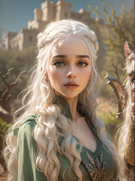 ((best quality)) , ((masterpiece)) , (detailed) ,（daenerys targaryen）， fantasy cover art for masterpieces,fantasy, castle, olive...