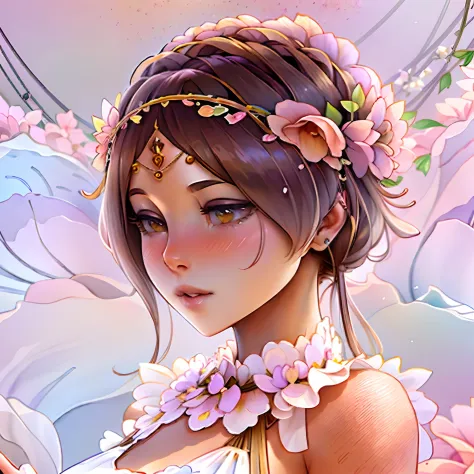 painting of a woman with a flower crown in her hair, thoughtful ), she has a crown of dried flowers, emotional concept art, lotu...